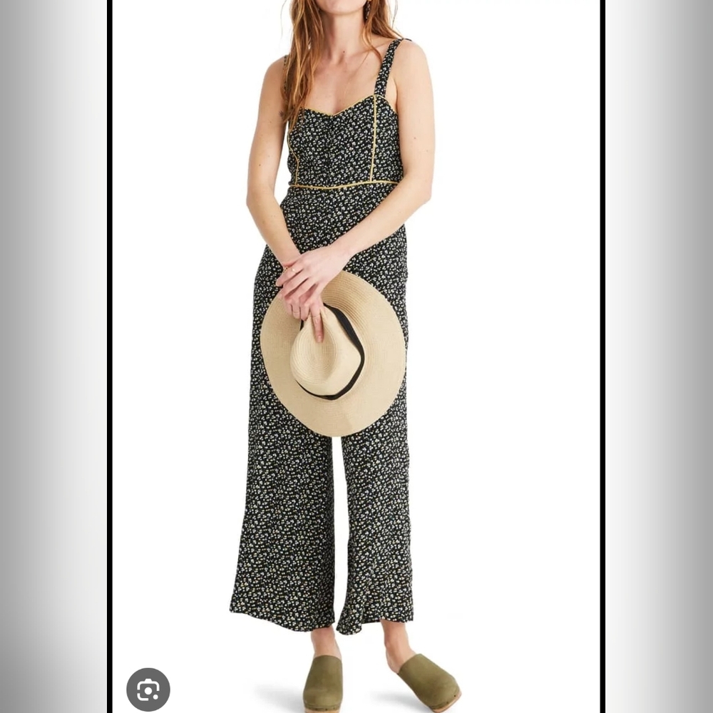 Madewell Black Floral PrintJumpsuit Size 4/Small — Yellow Piping Wide Leg